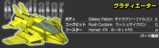 GladiatorǥѡĹ
ܥǥ	Galaxy Falcon 饯ե륳	ǽE
åԥå	Rush Cyclone å奵	ǽD
֡	Hornet-FXۡͥåFX	ǽA